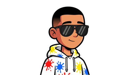 Fototapeta premium Cartoon man with sunglasses and paint splattered hoodie isolated on white background high quality professional detailed modern elegant stylish clean crisp vibrant colorful