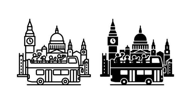 London Skyline Icons, Double Decker Bus, Landmark Silhouettes, Travel Vector Set