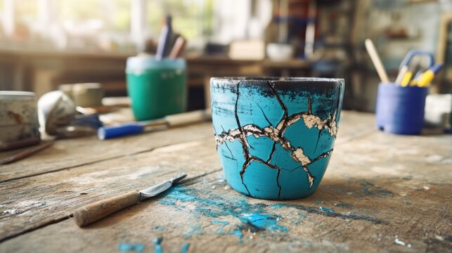Cracked blue ceramic bowl in pottery studio
