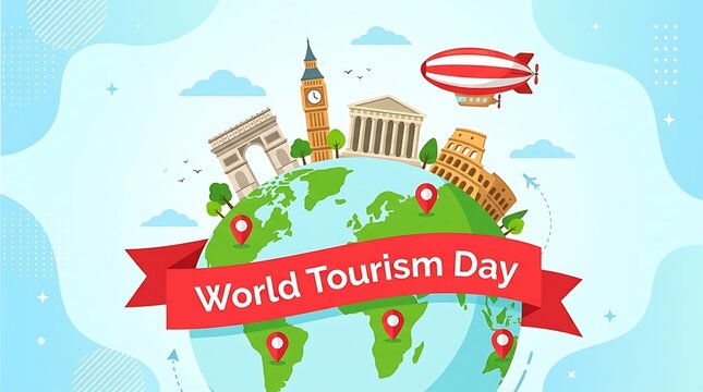 World tourism day illustration with famous global landmarks and globe