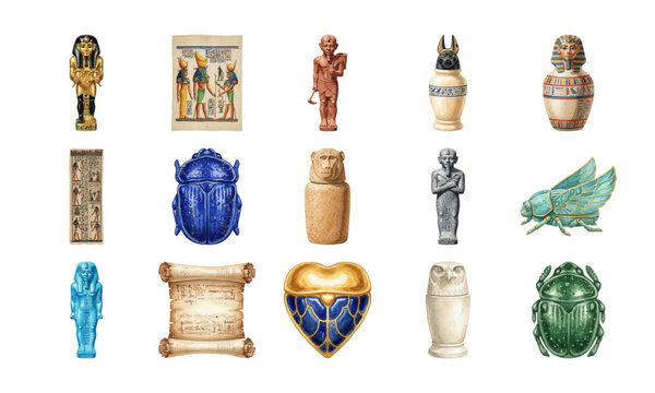 Set of ancient Egyptian watercolor illustrations and artifacts