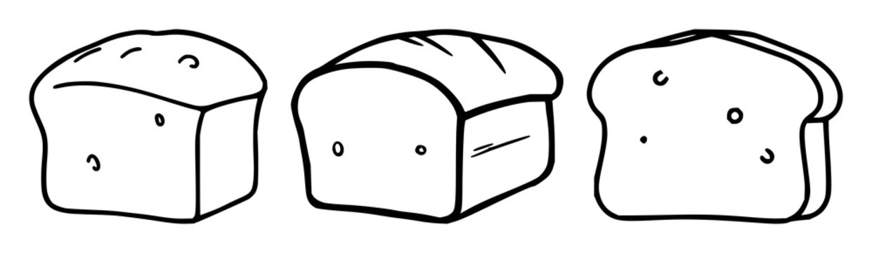 Bread icon set with stylized black line art on white background featuring bread, food, kitchenware with simple and minimalist