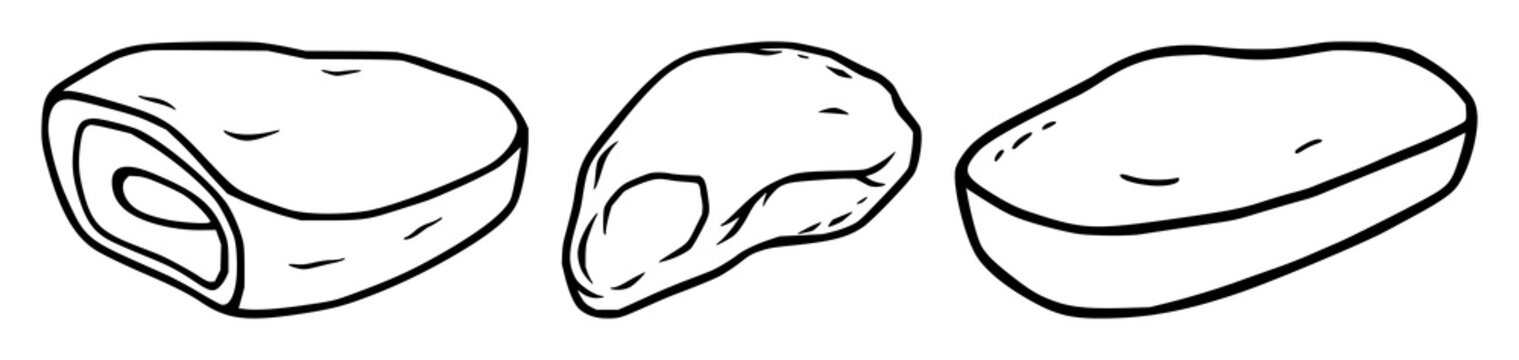 Meat icon set with black line art on white background featuring stylized meat symbol, food icon, culinary illustration with minimalist and vector art