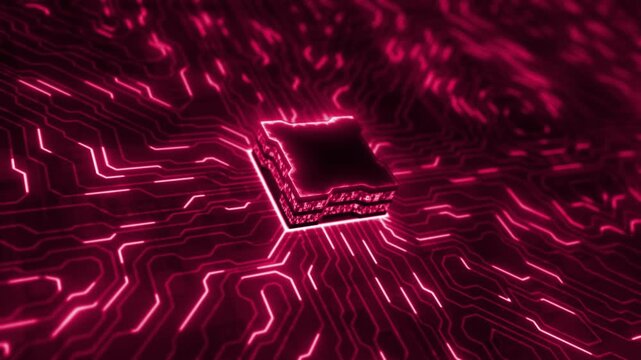 Animated magenta red color microchip glowing big data transfer hi tech design black technology background
