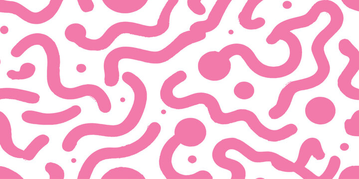 Abstract playful seamless pattern background featuring pink wavy lines dots and retro memphis geometric shapes vector illustration.