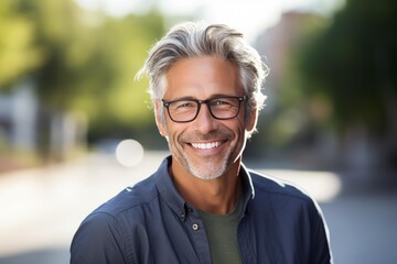 Obraz premium Mature man with stylish grey hair and glasses smiling outdoors