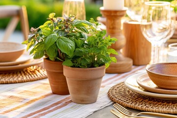 Fototapeta premium Warm summer gathering with tactile artisan materials. Concept for timeless decor, outdoor dining and slow living visuals.