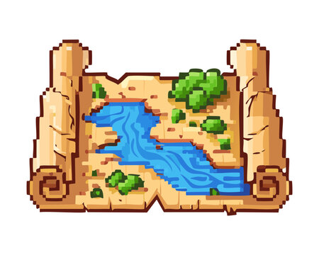 Vintage pixel art treasure map scroll with blue river and green islands for retro adventure gaming interface assets and exploration quest design