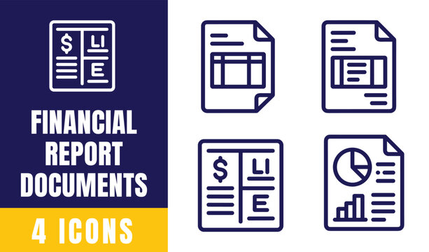 Financial Report Documents Line Icons Set &mdash; Invoice, Statement, Accounting, Budget, Data Analysis Vector Symbols