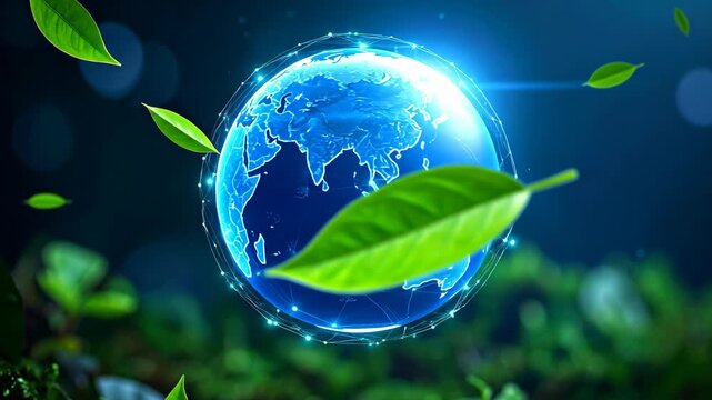 Global Earth with Green Leaves Emphasizing Environmental Conservation.