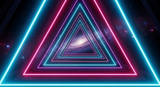 Neon triangles frame a distant galaxy in a cosmic tunnel