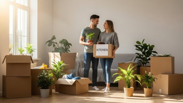 Couple holding moving box surrounded by plants and boxes