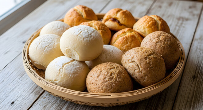 Assorted bread rolls in a basket on a rustic wooden table.