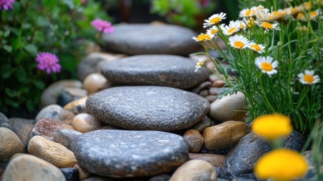 Garden stepping stones path with flowers