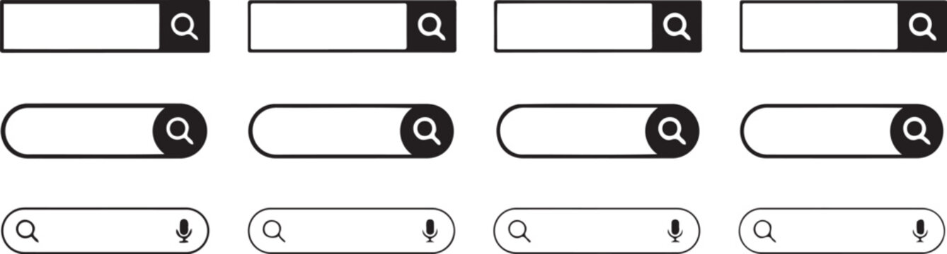 Multiple blank search bar design elements with magnifying glass and microphone icons isolated on a clean white background for web