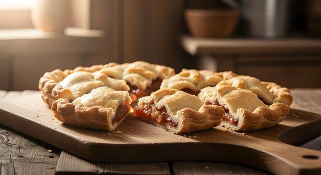 A delicious homemade cherry pie with lattice crust on a wooden cutting board.