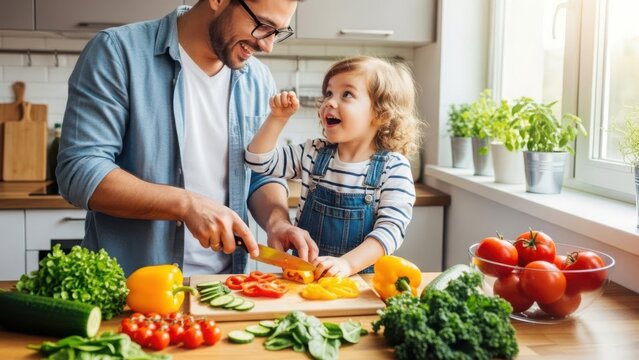 Father and child enjoy healthy meal preparation together