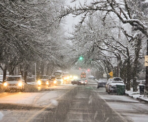Obraz premium Snowy Residential Street During Winter Storm in Seattle Washington