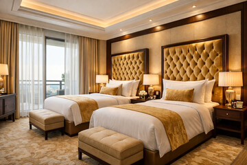 Fototapeta premium Luxury Modern Hotel Bedroom Interior with Twin Beds and Elegant Golden Design Decor