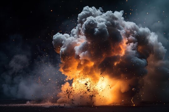 Realistic fireball exploding with debris and smoke creating a dramatic scene against dark background