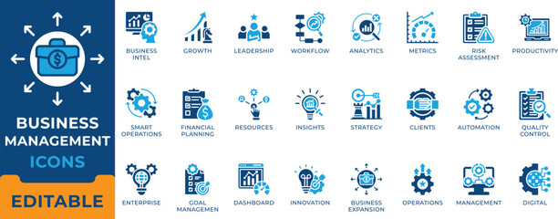 Naklejka premium Business management and operations icon set. Growth strategy, financial planning, workflow automation, risk assessment, leadership and corporate analytics vector symbols.