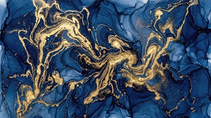 Obraz premium Blue and gold metallic abstract resin pour with fluid patterns