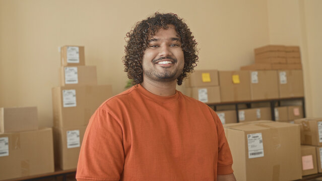 Man, young indian smiling beside stacked cardboard boxes and parcels in building office workspace; entrepreneurial pride.