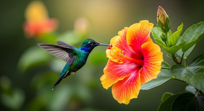 Tiny hummingbird sips nectar from a vibrant hibiscus flower during golden hour lighting