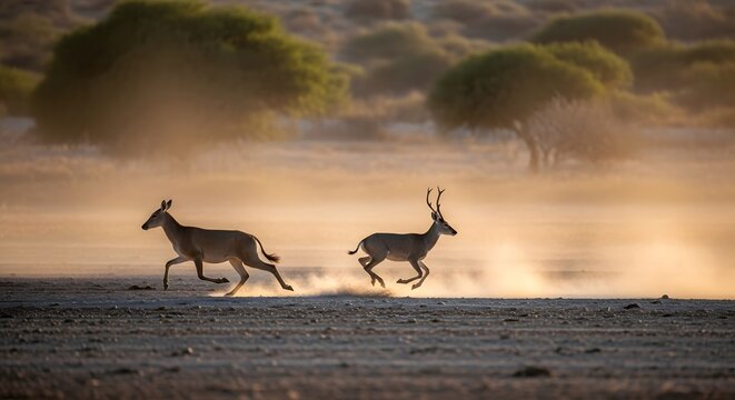 Two antelopes running through dusty savanna during golden hour with trees in background