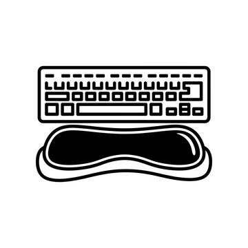 A black and white outline depicting a computer keyboard with a wrist rest a stark silhouette