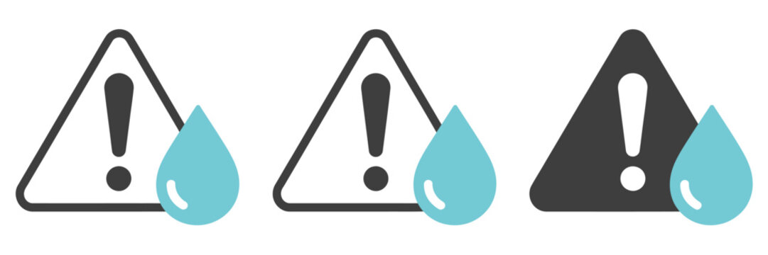 Water warning icon set with hazard and alert symbols symbolizing unsafe water flood risk or contamination for safety signage public health alerts and environmental caution design vector