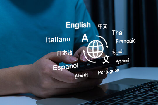 AI language translation apps. people using mobile phone with virtual translation application software, e-learning online service, language education course, global communication technology concept