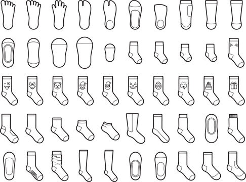 A vast collection of stylized sock and foot outlines, featuring variety of shapes and styles in a simple line art.
