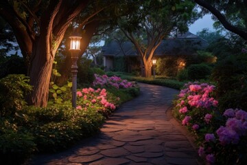 Naklejka premium Stone pathway illuminated by lanterns, leading through pink blooms and lush foliage at dusk