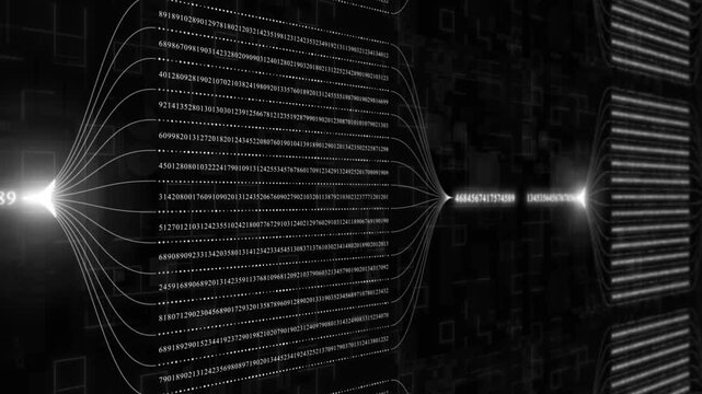 Animated white color glowing big data transfer binary code hi tech design black technology background