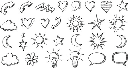 Obraz premium Doodle icon set hearts stars clouds sun moon and speech bubbles silhouette isolated on transparent background