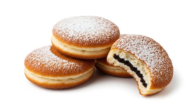 A group of powdered sugar dusted chocolate cream filled donuts with one bitten to show filling on display, isolated on white background