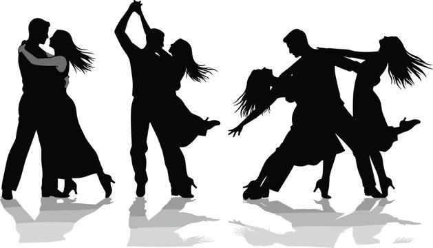 Elegant dancing couple silhouettes set featuring ballroom, tango and romantic partner dance poses on light background