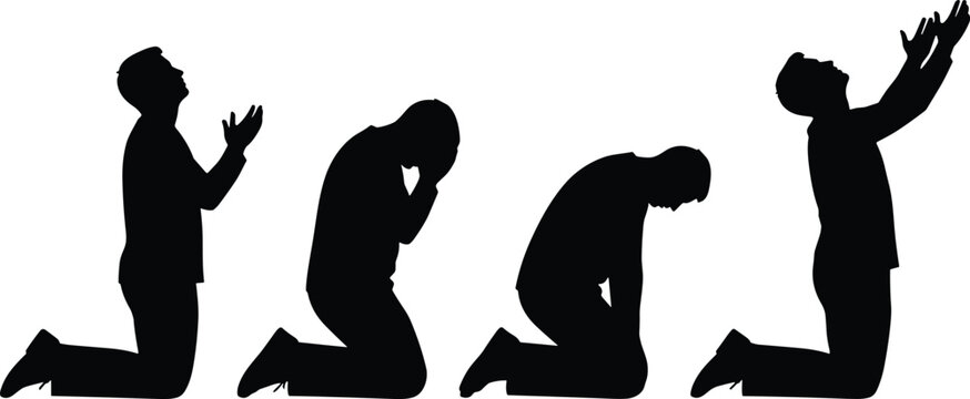 Silhouettes of praying men kneeling in different emotional poses isolated on gray background for faith concept