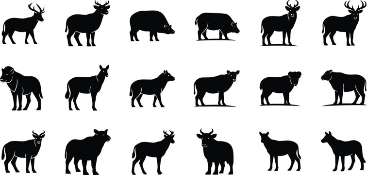 Silhouette of various animals isolated on transparent background
