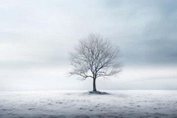Fototapeta premium Solitary leafless tree sitting in a frozen, minimalist, tranquil winter field