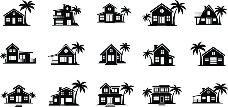 Tropical house silhouettes with palm trees isolated on transparent background