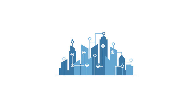 A blue city skyline with buildings.