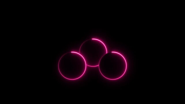 Animation of three red neon glowing circles joining together to form an imperfect circle.4k video animation