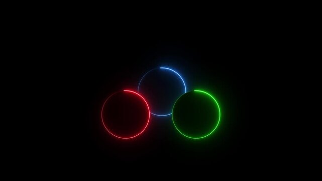 Animation of three red neon glowing circles joining together to form an imperfect circle.4k video animation