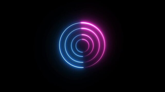 Animation of three red neon glowing circles joining together to form an imperfect circle.4k video animation