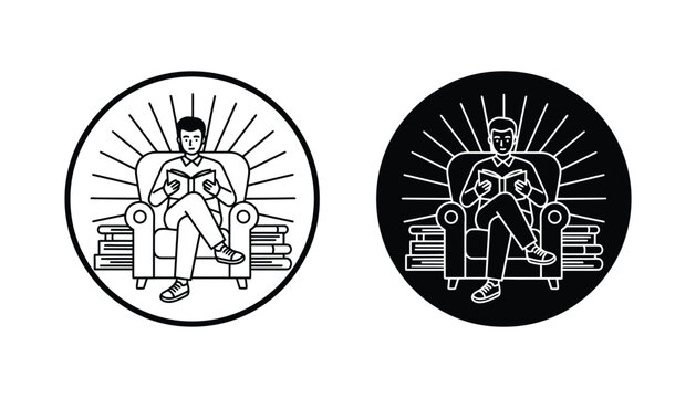 Man comfortably reading book in armchair with stack of books and radiating knowledge lines in circular frame