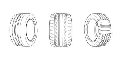 Tire line art, set of three car tire vector line art sketches from multiple perspectives, including a cross-section view. Ideal for automotive technical manuals, tire shops, and minimalist icons. © Fazlerabbi