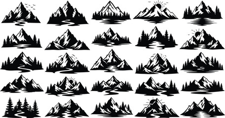 Obraz premium Mountain silhouette collection peaks with water reflections isolated on transparent background