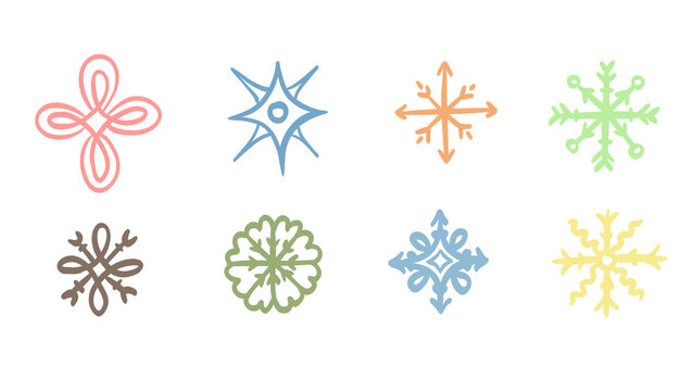 Eight various whimsical hand-drawn snowflake vector designs in pastel colors on a white background, transparent, perfect for winter, holiday, or Christmas concepts.